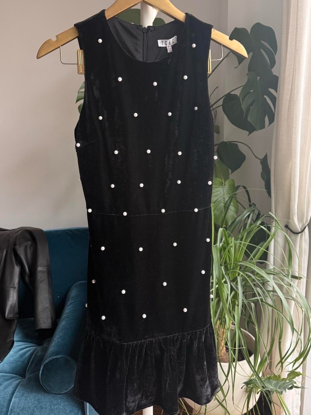 NWR TCEC Black Velvet Midi Dress with Pearl Accents size S